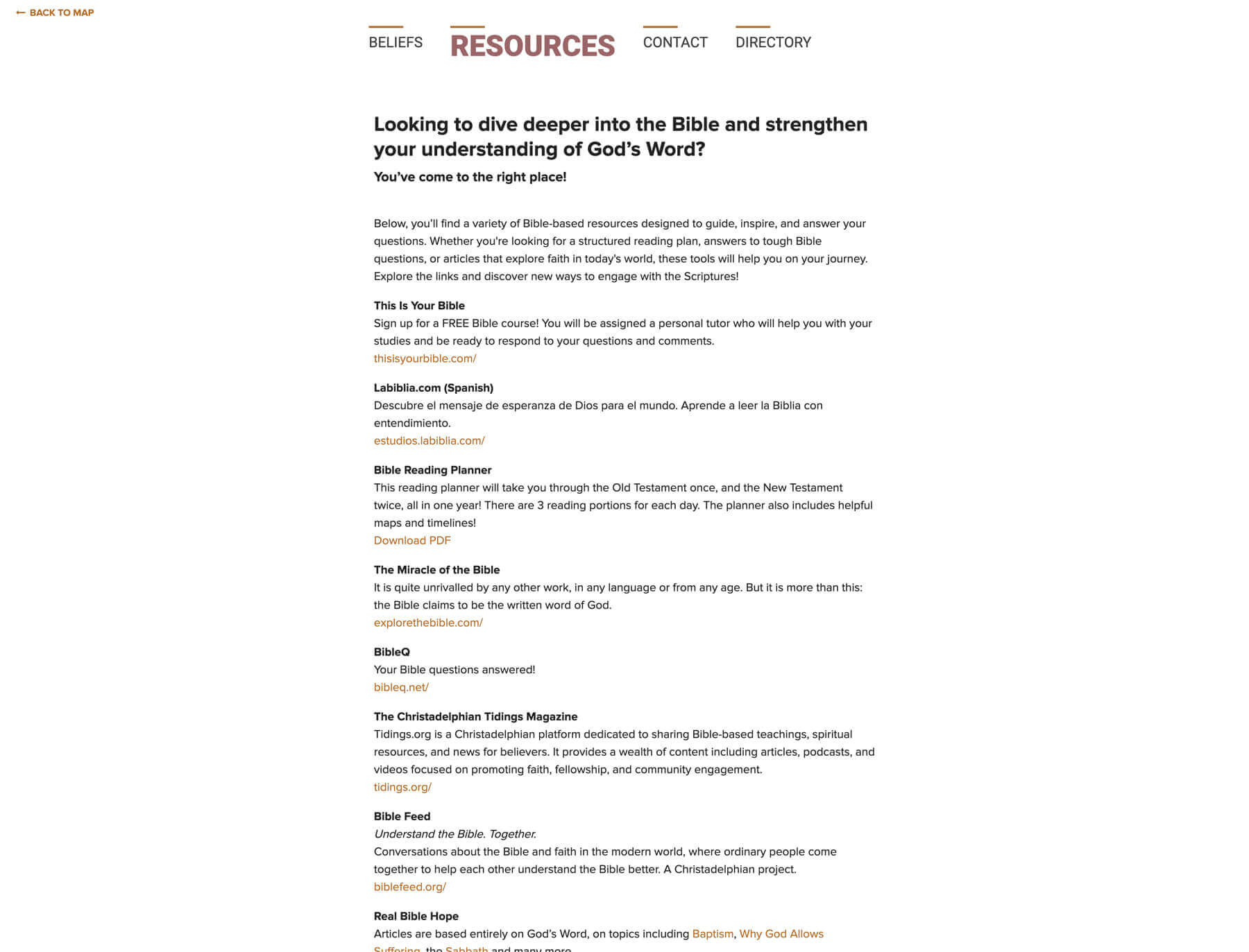 Christadelphian Church Map resources section with supporting content