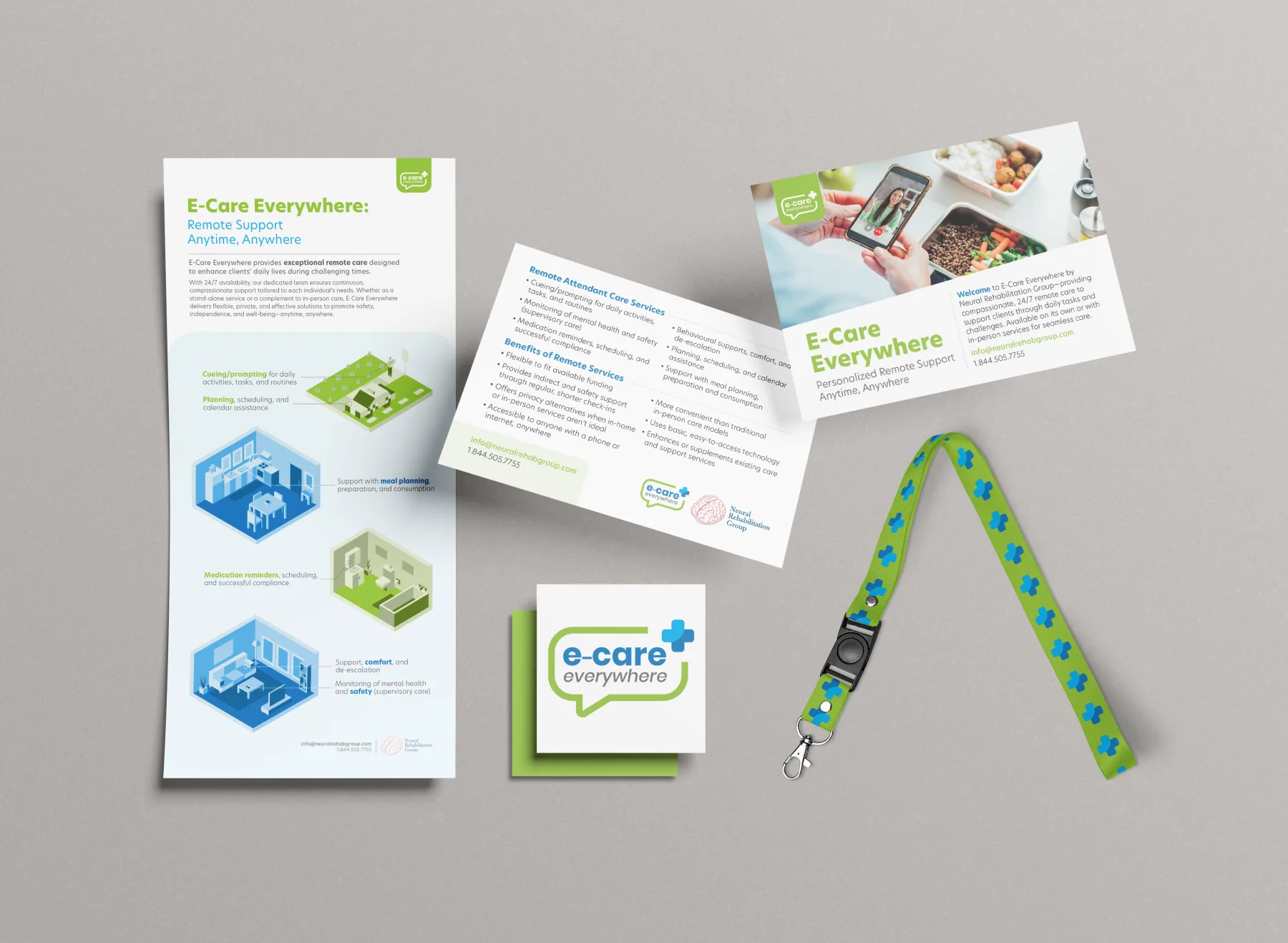 e-care online E-Care Everywhere marketing collateral: brochure, pull-up banner, logo card, and branded lanyard