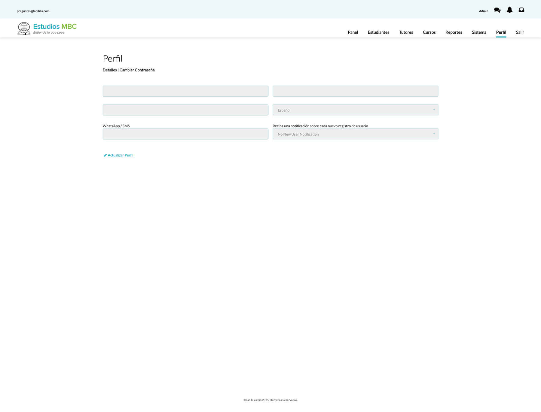 Estudios admin panel with tools for managing students and tutors