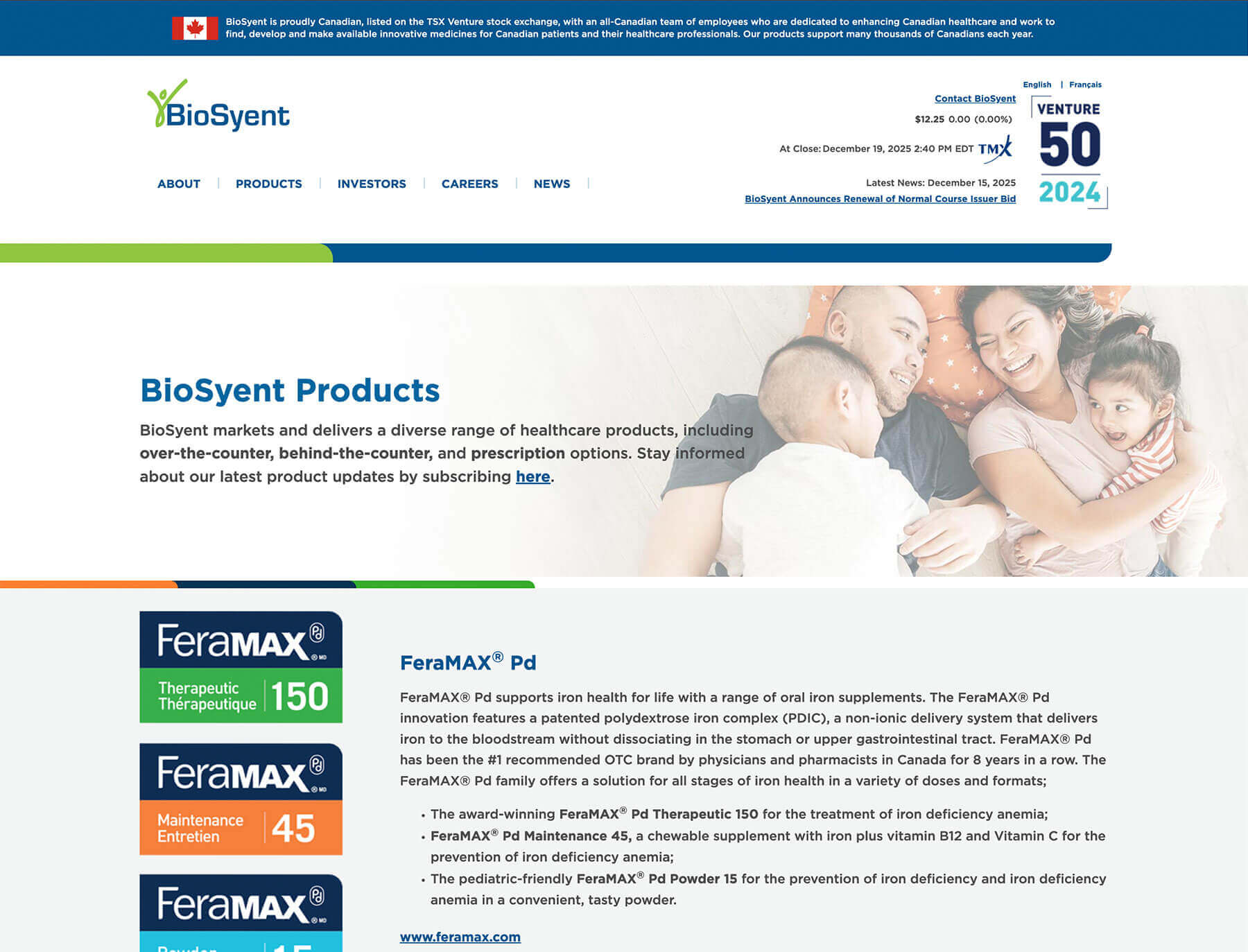 BioSyent corporate website with investor and financial information