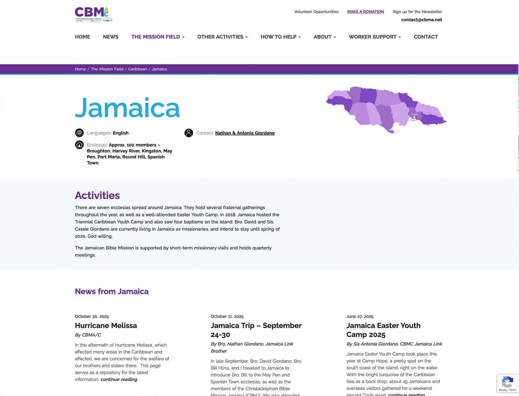 CBMA WordPress website content and navigation