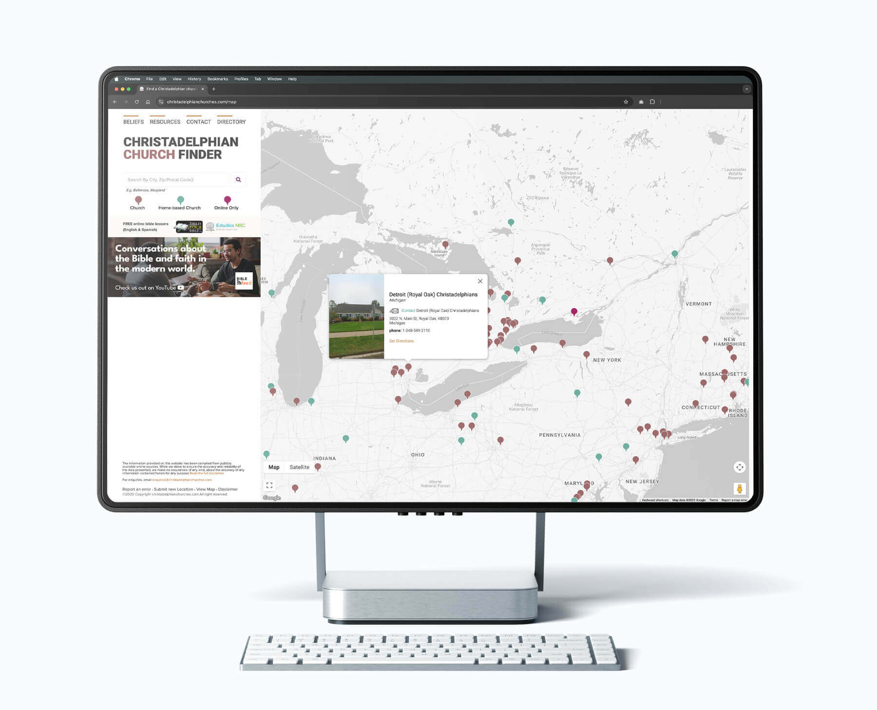 Custom church finder directory and interactive map website