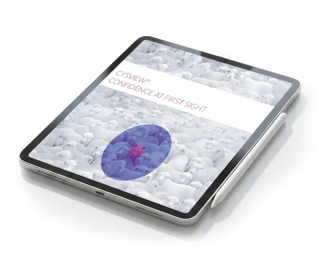 IQVIA OCE Personal CLM detail aid on an iPad, the Cysview title slide built for BioSyent
