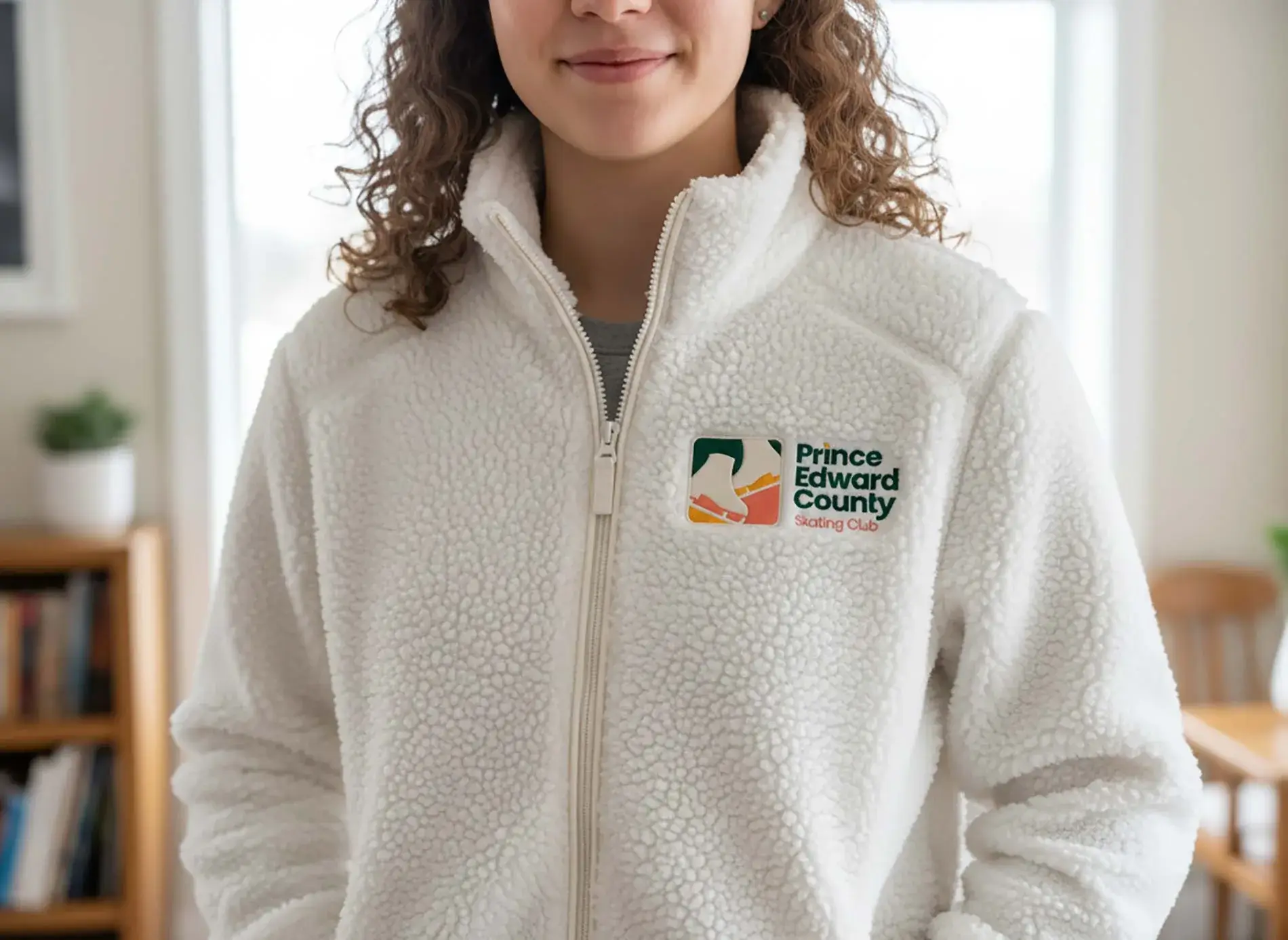 Skating club member wearing a branded sherpa jacket with the embroidered logo