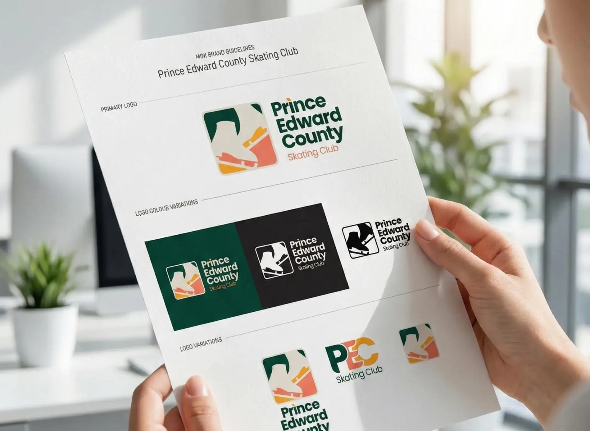 Prince Edward County Skating Club brand guideline book showing the primary logo, colour variations, and logo variations
